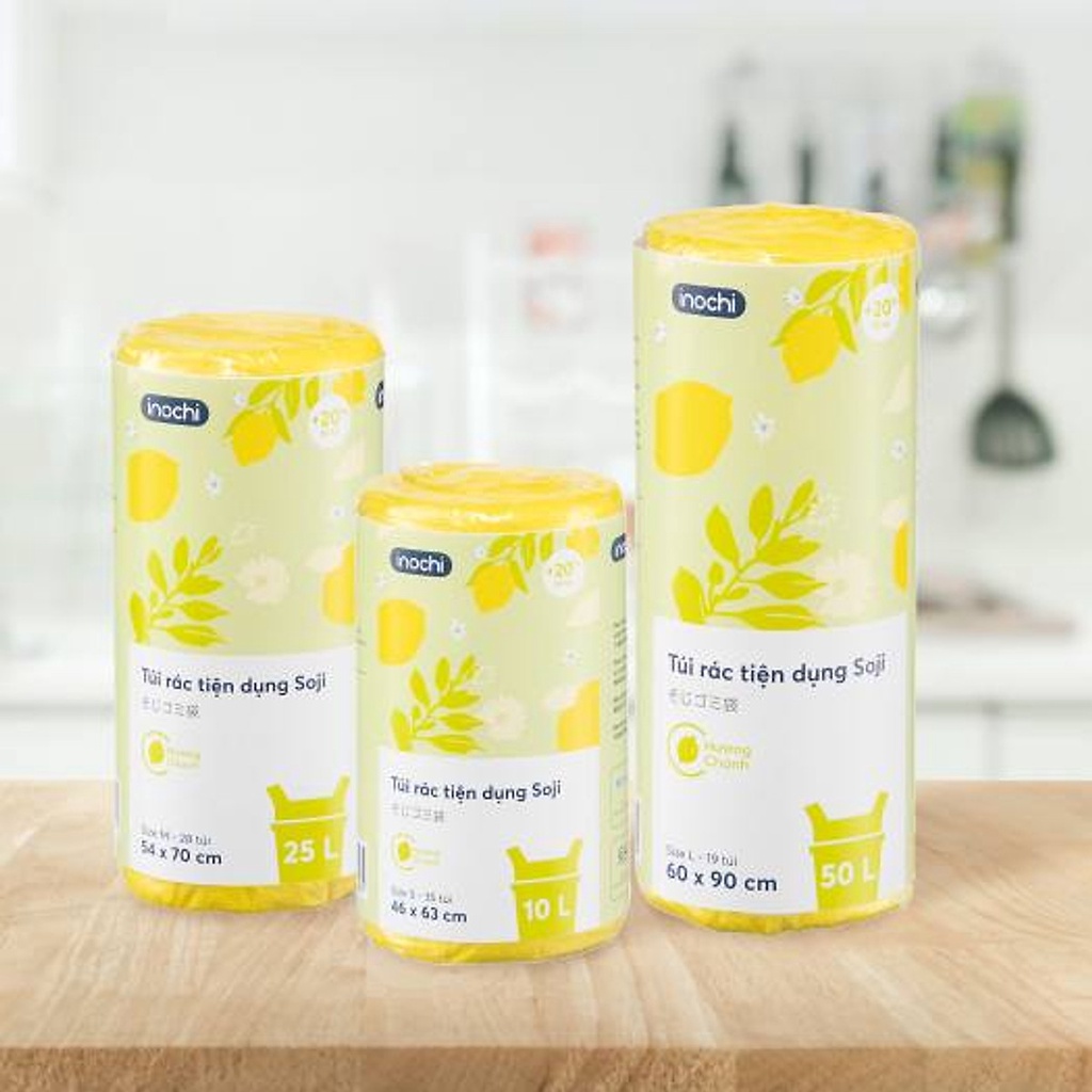 Túi đựng rác tự hủy INOCHI có quai tiện dụng hương chanh, hương lavender size 10L, 25L và 50L