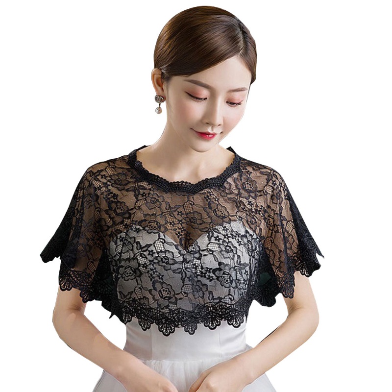 ❀❀Fine Khăn choàng che cổ tulle ren thêu hoa xuyên thấu nhún cao thấp trùm bolero cho cô dâu đám cưới