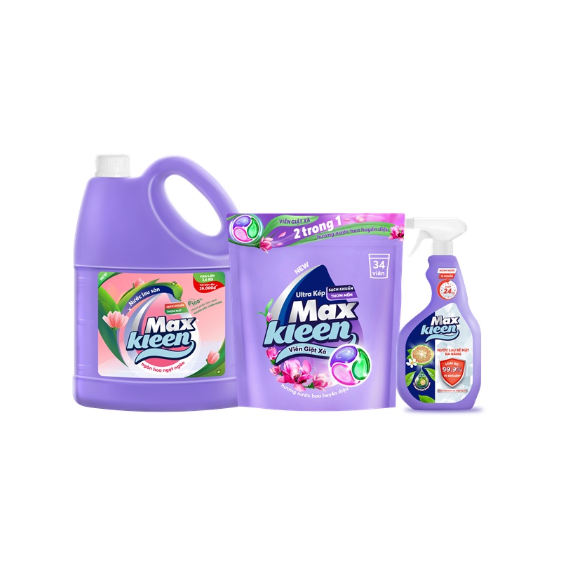 Ảnh Combo MaxKleen: Chai Lau Sàn 3.6kg Ngàn Hoa Ngọt Ngào + Túi Viên Giặt Xả + Nước Lau Bề Mặt Đa Năng 1