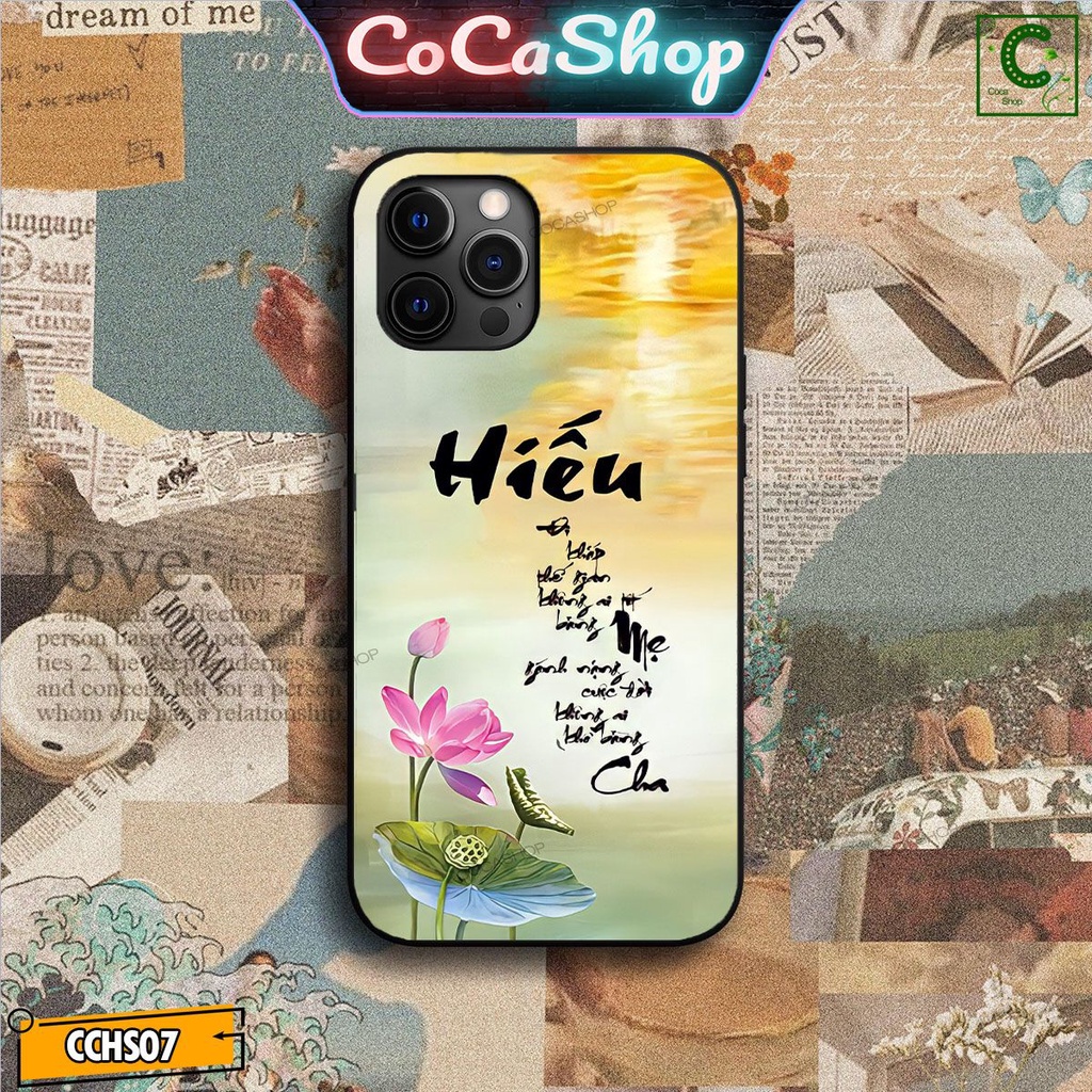 Ốp lưng iphone mặt kính in hình siêu đẹp  - Đóa sen hồng chữ Hiếu - 6/6plus/6s/6splus/7/7plus/8/8plus/x/.....