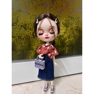 Set áo trễ vai váy jean dài size blythe,xinyi,barbie