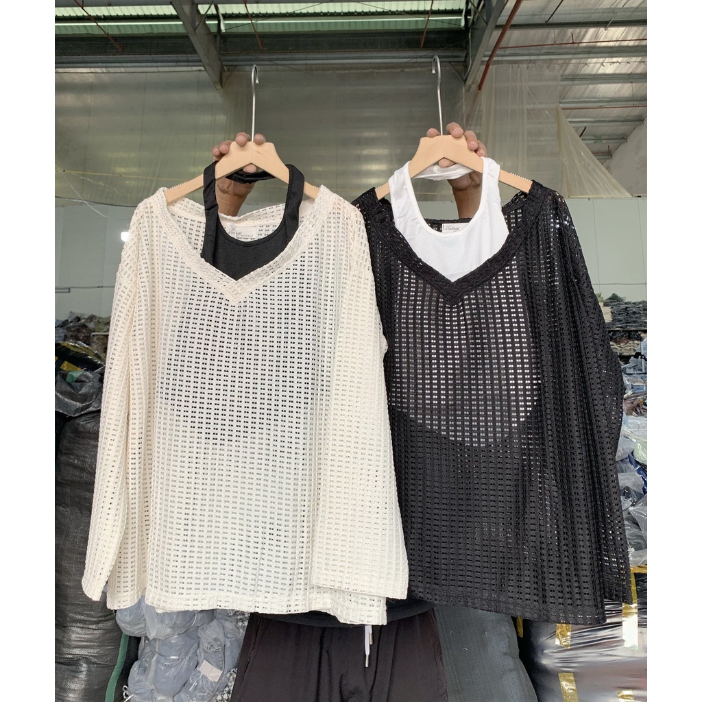 Set áo lưới cổ V kèm áo quây cổ yếm croptop (ảnh thật)