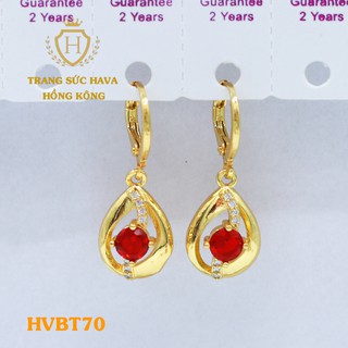 Bông Tai, Khuyên Tai Nữ Dáng Dài Đính Đá Đỏ Xi Mạ Vàng 24K Cao Cấp - Trang Sức Hava - HVBT70