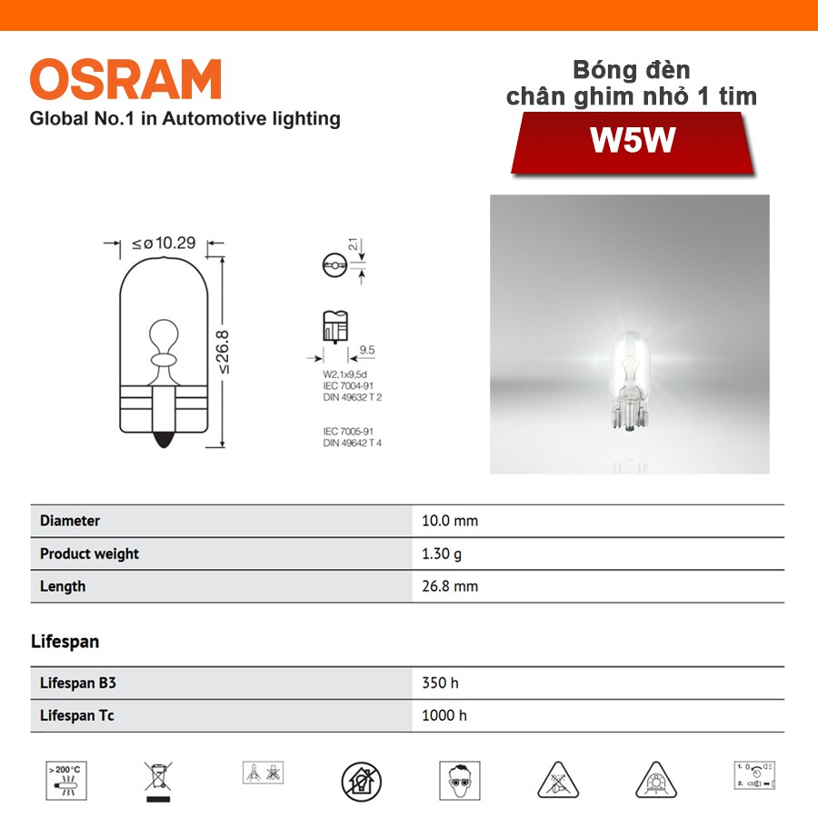 Combo 2 Bóng Đèn Chân Ghim Nhỏ 1 Tim Halogen OSRAM Original Dùng Cho Xe Ô Tô Xe Hơi Chân T10 W5W 12V 5W 2825-02B - 50LM