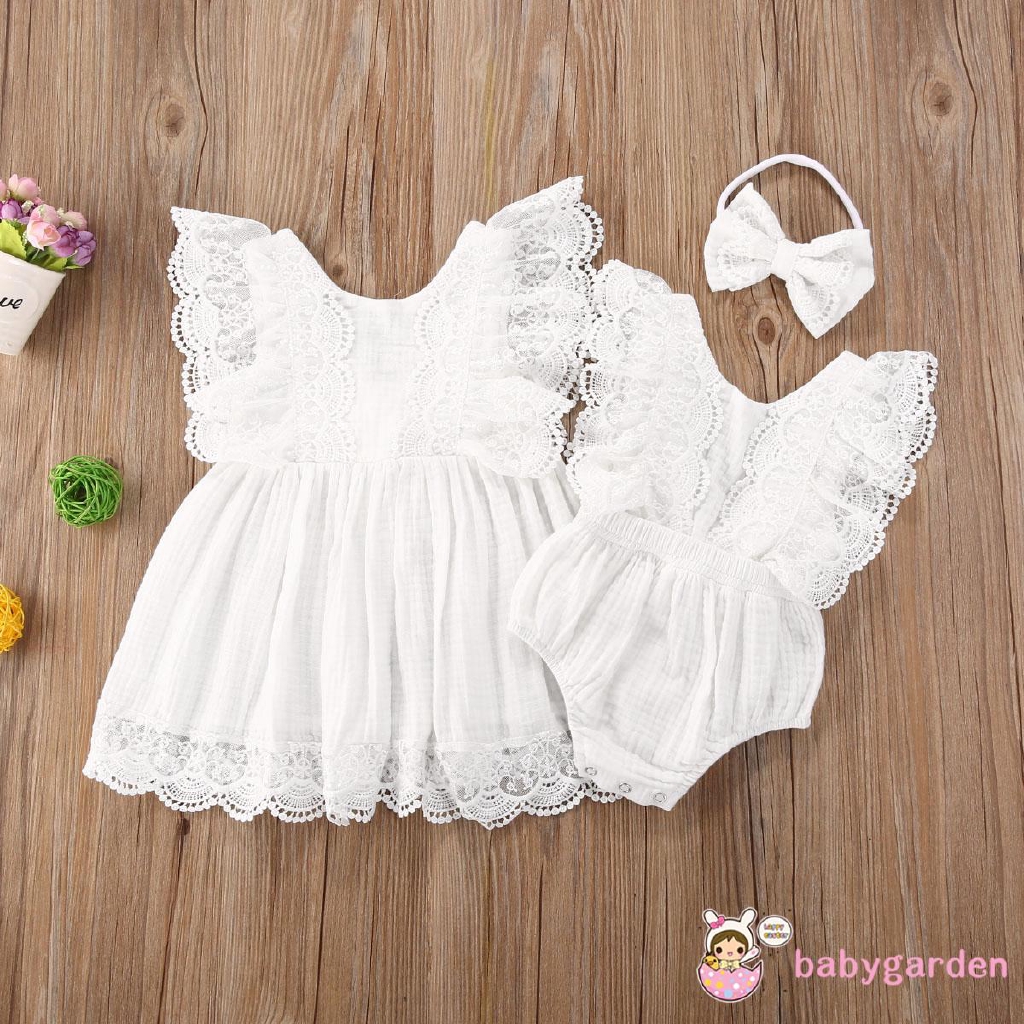 Bộ áo liền quần/đầm phối ren hoa màu trắng thời trang mùa hè cho bé gái