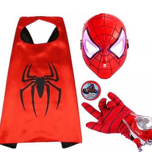 Bộ trang phục hóa trang 5 Món Người Nhện dịp halloween, Áo choàng siêu nhân nhện kèm găng tay, mặt nạ, đeo tay bắn đĩa