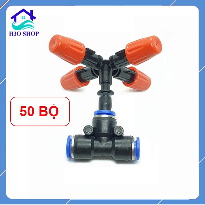 50 Bộ béc tưới phun sương 4 hướng cam kèm tê nối nhanh ống 8mm (tùy chọn van chống rỉ nước)