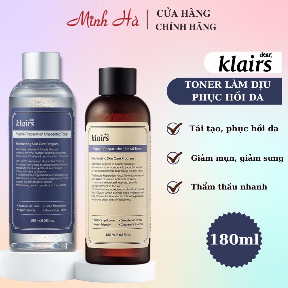 Nước hoa hồng Klairs không mùi Supple Preparation Unscented Toner 180ml dưỡng ẩm mềm da