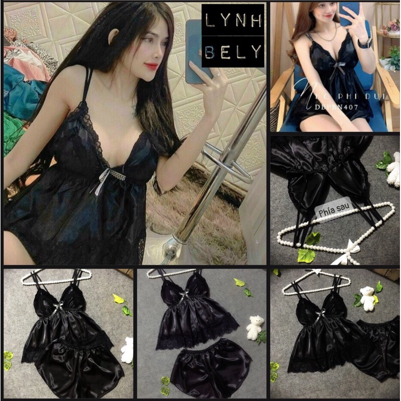 💋ĐỒ NGỦ PHI ĐÙI PHỐI REN ĐEN DÂY ÁO ĐÔI CÓ MÚT💋