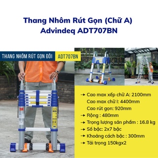 Thang nhôm rút chữ A  ADVINDEQ ADT707BN - 8 đế cao su chắc chắn -Có bánh xe kéo-Hợp kim nhôm cao cấp