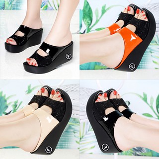 Dép đế xuồng nữ quai da bóng phối đá cao cấp, dép nữ quai ngang - SD468