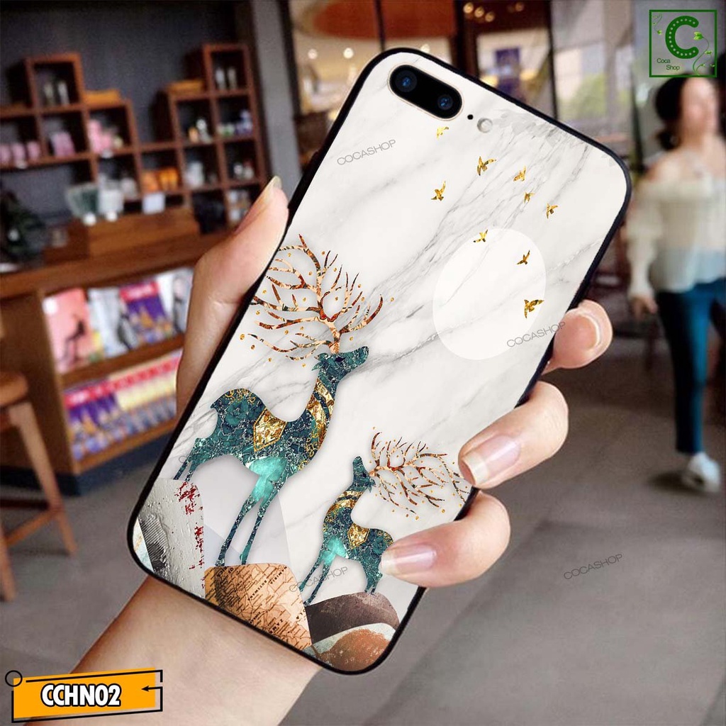 Ốp lưng iphone mặt kính cao cấp  - Đôi hươu màu sắc sang trọng quý phái - 6/6plus/6s/6splus/7/7plus/8/8plus/x/.....