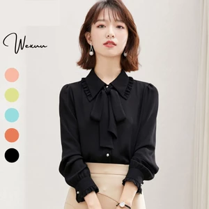 Áo sơ mi nữ Wexuu Design áo kiểu nữ thắt nơ tiểu thư thời trang công sở chất vải đẹp - Xu03 Đen