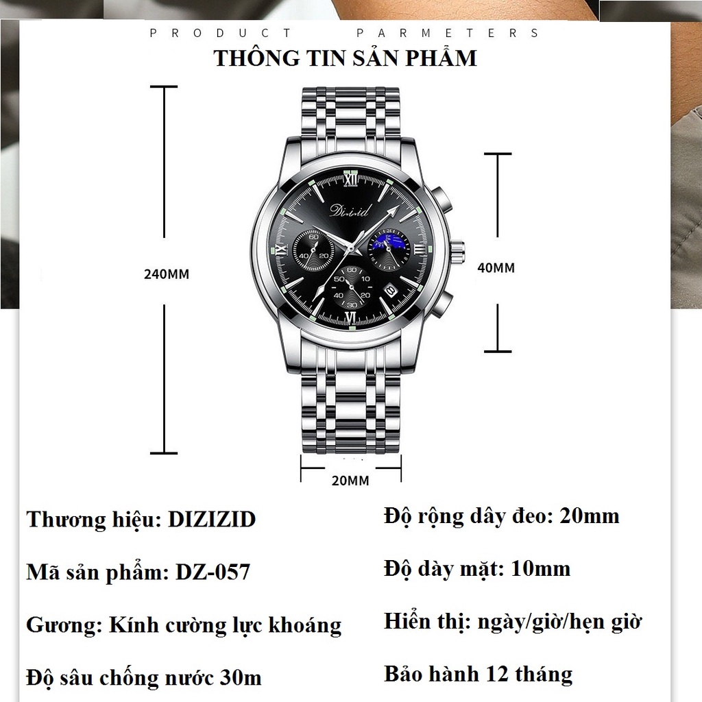 Mô tả Đồng hồ nam chống nước DIZIZID chính hãng dây thép đúc đặc - Chạy full 6 kim và lịch ngày - Tặng pin dự phòng DZ-057 - 5