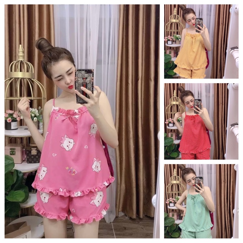 Đồ bộ sọc 2 dây viền bèo mặc nhà, đồ bộ mặc ngủ dễ thương (Kèm video+ ảnh thật)