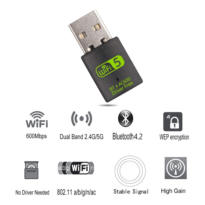 Bộ chuyển đổi Bluetooth WiFi USB, Bộ thu ngoài mạng không dây băng tần kép 600Mbps, WiFi Dongle cho PC / Laptop / Máy tính để bàn