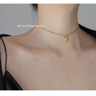 Dây chuyền nữ titan bi tròn mặt tròn khắc chữ Lucky mạ vàng không gỉ