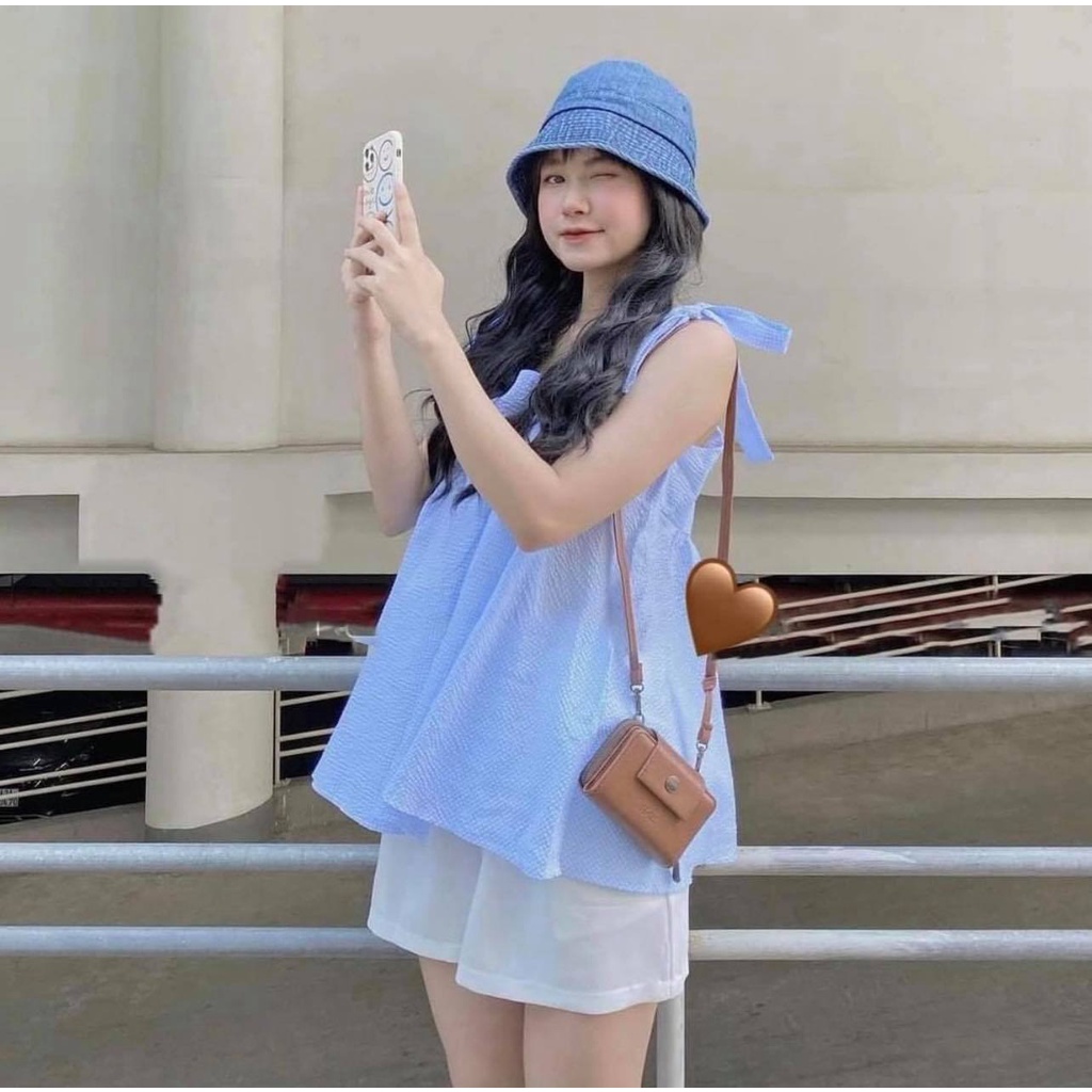 SQ002 Set áo hai dây buộc nơ phối quần sooc trắng Ulzzang, áo BabyDoll BBD Hàn Quốc kẻ caro và quần short siêu cute