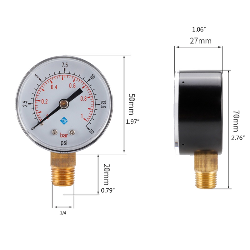 Bang Manometer 1 4 BSPT Đồng hồ đo áp suất ren 0-15psi 0-1bar Bộ lọc bể bơi Mặt số áp suất nước Đồng hồ đo áp suất thủy lực Me