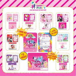 Thiệp sinh nhật, thiệp mời thôi nôi cao cấp cho bé gái HAPPY PARTY giấy nhập khẩu cao cấp kt 10.5 x 15 cm