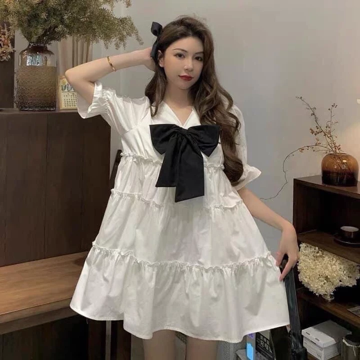 Đầm babydoll nữ ❤️đầm xoè cổ v đính nơ❤️ chất thô mềm xếp tầng, đầm trắng, đầm tiểu thư MÂY_1989