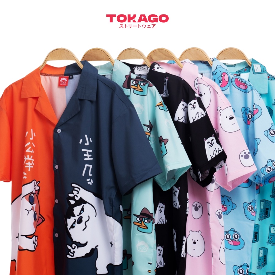 Áo sơ mi Tokago hoạ tiết hoạt hình, áo ngắn tay nam nữ mặc nhà, đi biển form rộng, nhiều màu