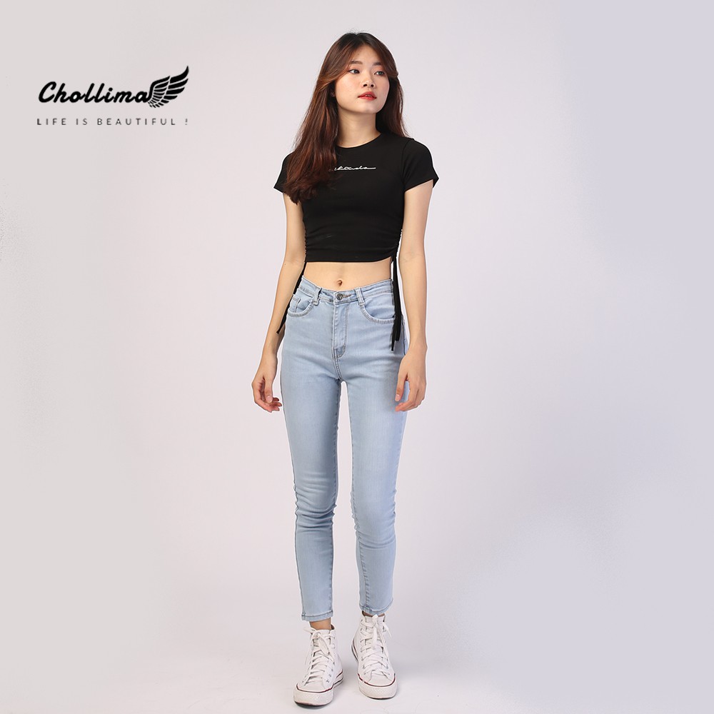 Ảnh Quần jeans dài nữ co giãn Chollima trơn màu xanh trắng QD024 phong cách hàn quốc 1