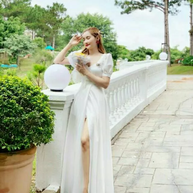 (miễn phí chỉnh váy) Dạ hội cưới phi trắng tay phồng xẻ tà, váy trắng chụp ảnh cưới, dạ hội trắng đi tiệc sang trọng