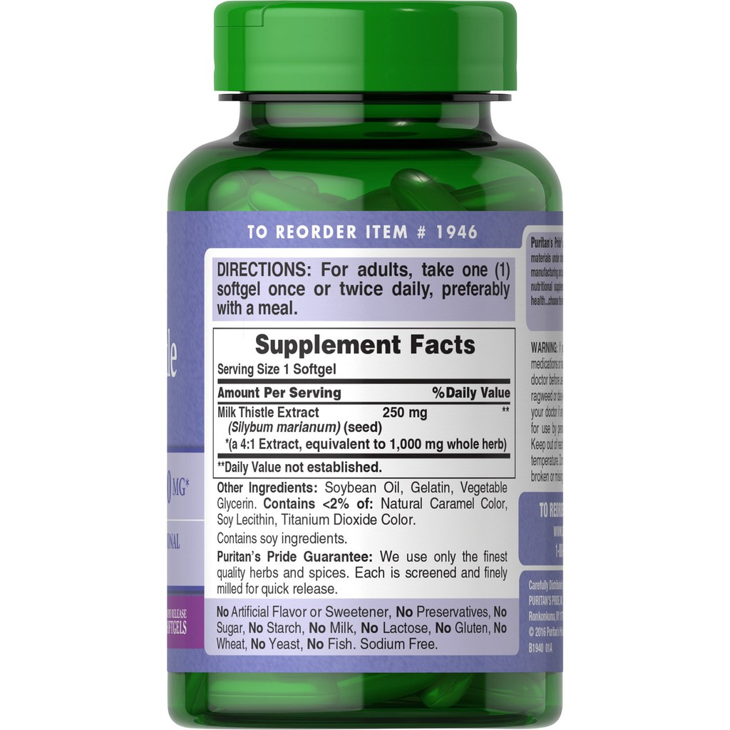 Ảnh Viên uống Cao kế sữa bổ gan, thải độc gan Puritan's Pride Milk Thistle Extract 1000mg 180v 3