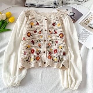 Áo Dệt Kim Nữ Tay Dài Phối Ren Phong Cách Hàn Quốc