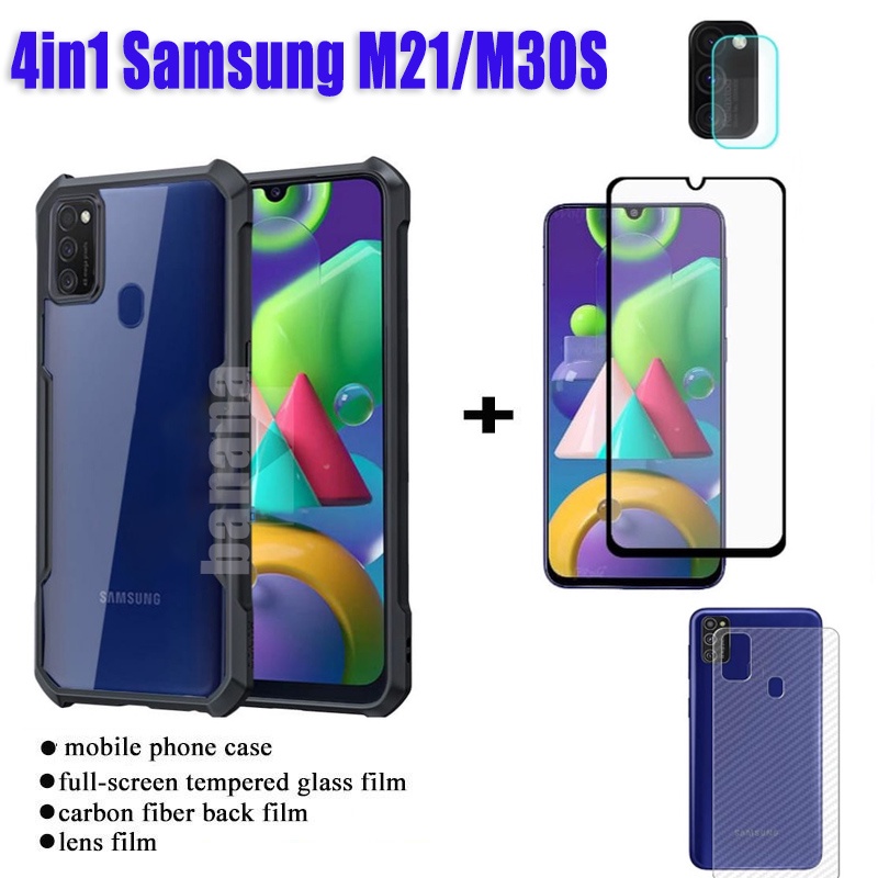 Ốp điện thoại chống sốc Samsung Galaxy M21 / M03S A03S A12 A02S A21 A21S + màng kính cường lực + Phim mặt sau bằng sợi Carbon + Phim ống kính máy ảnh