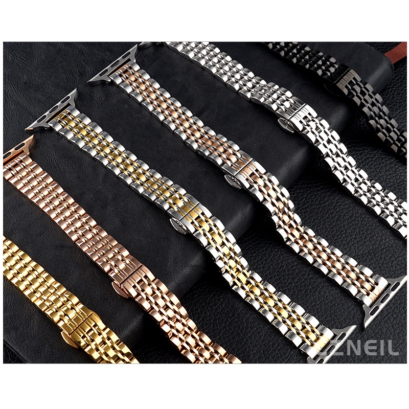 Nữ Bảy Hạt Thép Không Gỉ Tinh Tế Chống Phai Màu Ống Hút Chống Thấm Nước Cho Apple Watch S11 SE3 Ultra3 S10 S9 S8 SE S7 S6 Ultra 49mm 46mm 40mm 44mm 41mm 45mm Iwatch Band
