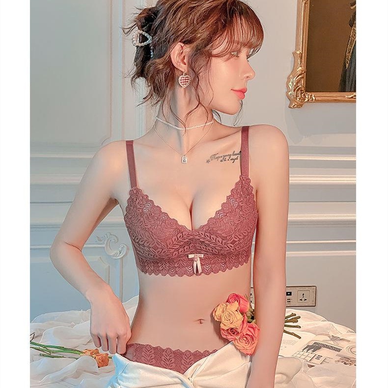 Bộ Áo Ngực Thêu Ren + Quần Lót Cao Su Mềm Mại Không Gọng Thời Trang Có Thể Điều Chỉnh Cho Nữ