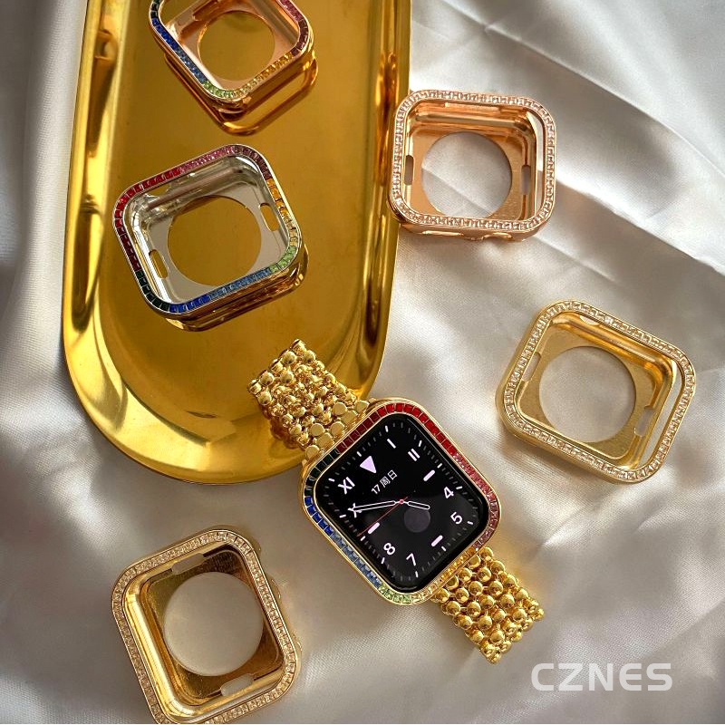 Nam Nữ Hợp Kim Nhôm Sang Trọng + Ốp Lưng Chống Sốc Kim Cương Zircon Cho Apple Watch SE3 Ultra3 S9 S8 SE S7 S6 Ultra 49mm 42mm 40mm 44mm 41mm 45mm Iwatch Case