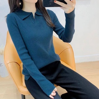 Phong Cách Hàn Quốc Nữ Nữ Thu Đông Mỏng Dệt Kim Dệt Kim Đan POLO Cổ Áo Dài Tay Áo Sơ Mi Áo Baju Baju Wanita Lengan Panjang
