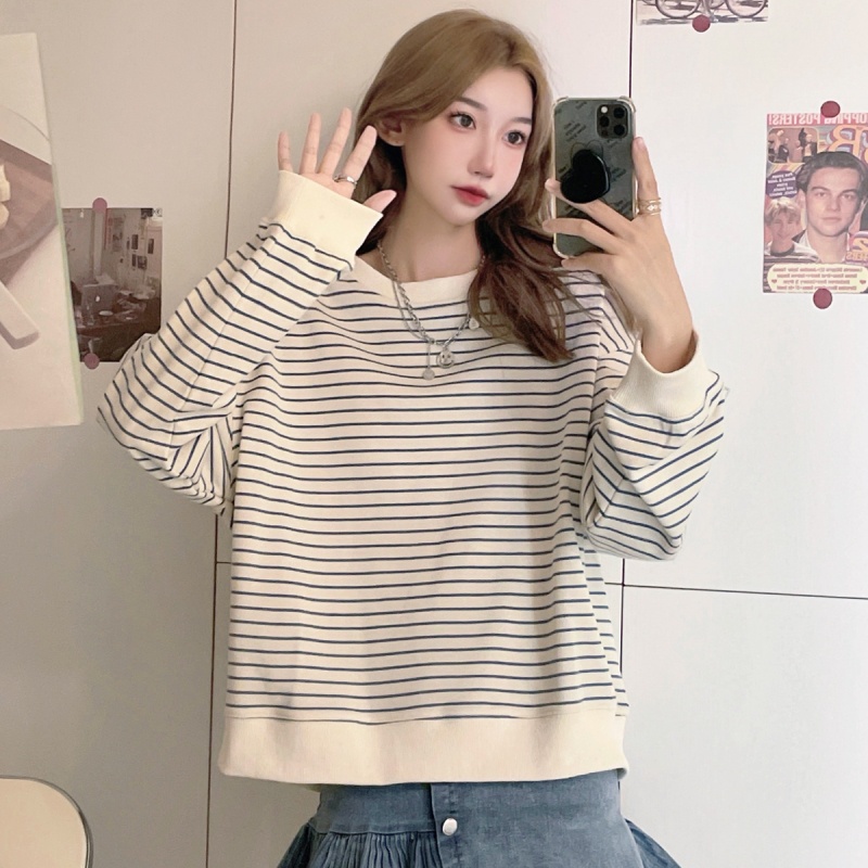 SUXI Áo Sweater Tay Dài Cổ Tròn Vải Mỏng Kẻ Sọc Phong Cách Thể Thao Cổ Điển Kiểu Hàn Thời Trang Mùa Thu Cho Bạn Nữ