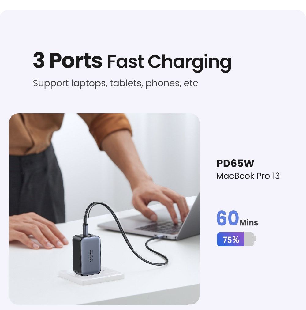 Cốc sạc nhanh UGREEN GaN 65W QC4.0 QC PD3.0 PD USB-C Type C USB thích hợp cho iPhone 13 Pro Max Macbook Samsung S23 S24Urtra – ảnh mô tả chi tiết 4