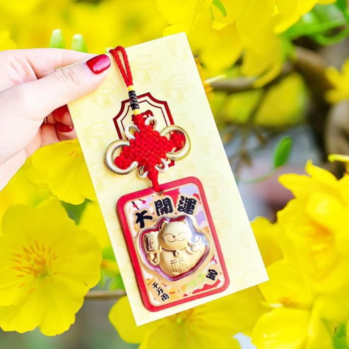 Mèo Thần Tài Vàng Maneki Neko Nhật Bản 24K (Có Dây Treo)