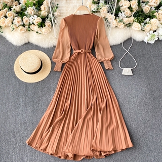 Đầm maxi Vải Voan Dáng Ôm Tay Phồng Xếp Ly Phối Thắt Lưng Kiểu Hàn Quốc Thời Trang Dự Tiệc Cho Bạn Gái