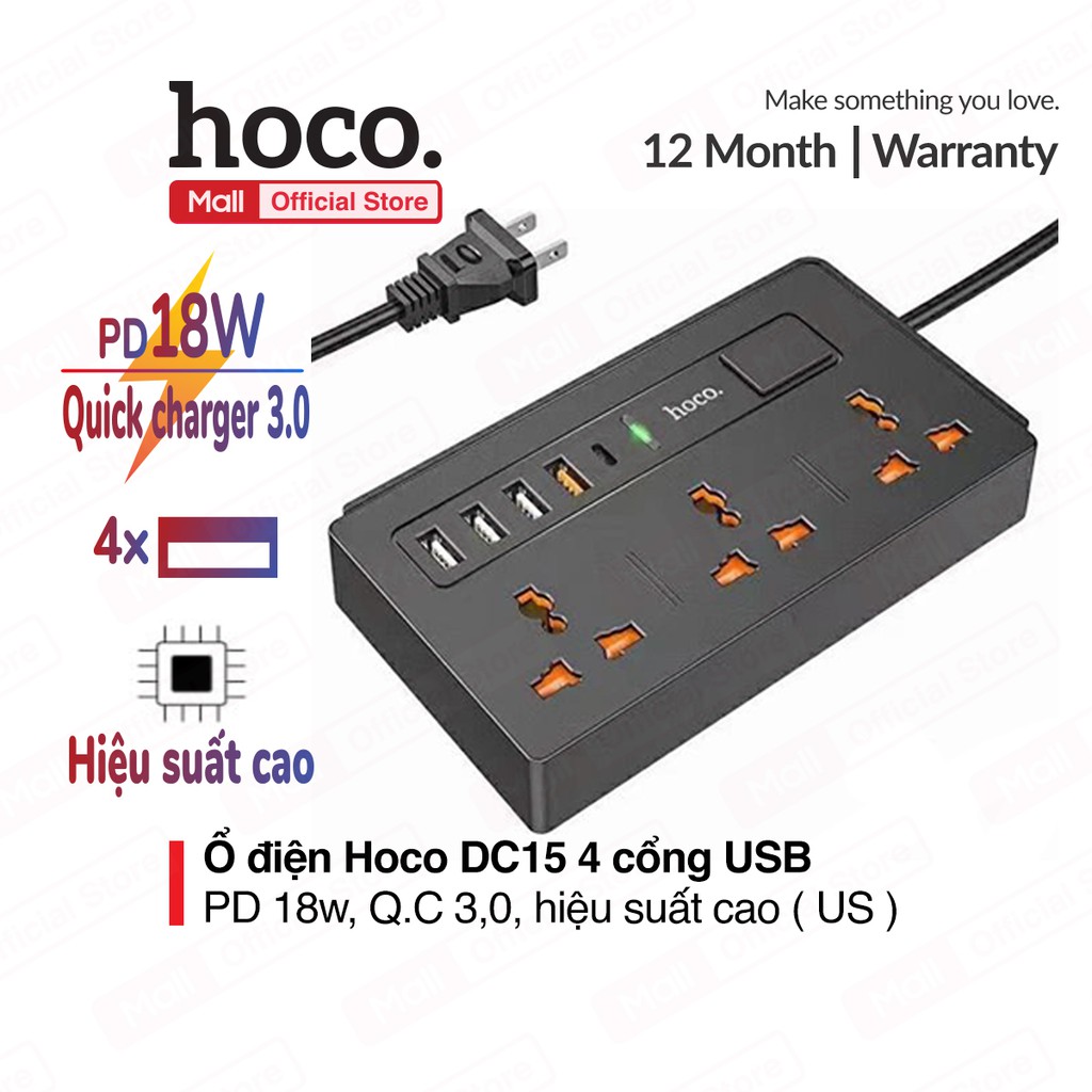 Ổ cắm Hoco DC15 2 in1 Multi-socket ( 4 cổng USB+ Type-C ) hỗ trợ sạc ...