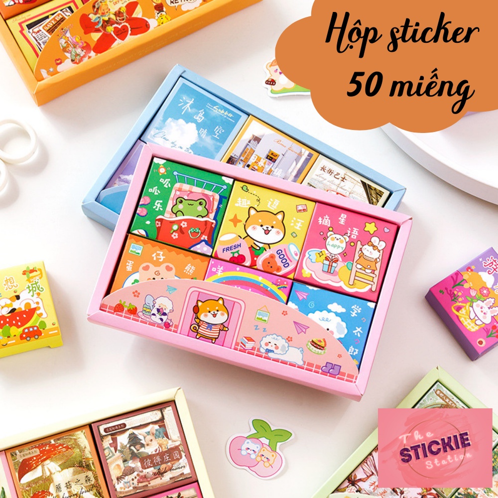 Hộp Sticker 50 Miếng Set 6 Hộp theo chủ đề dễ thương, phong cảnh ...