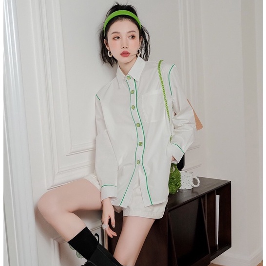 Ảnh Áo Sơ Mi Hàng Nút Vuông MUSHROOM LEE Line Green 2