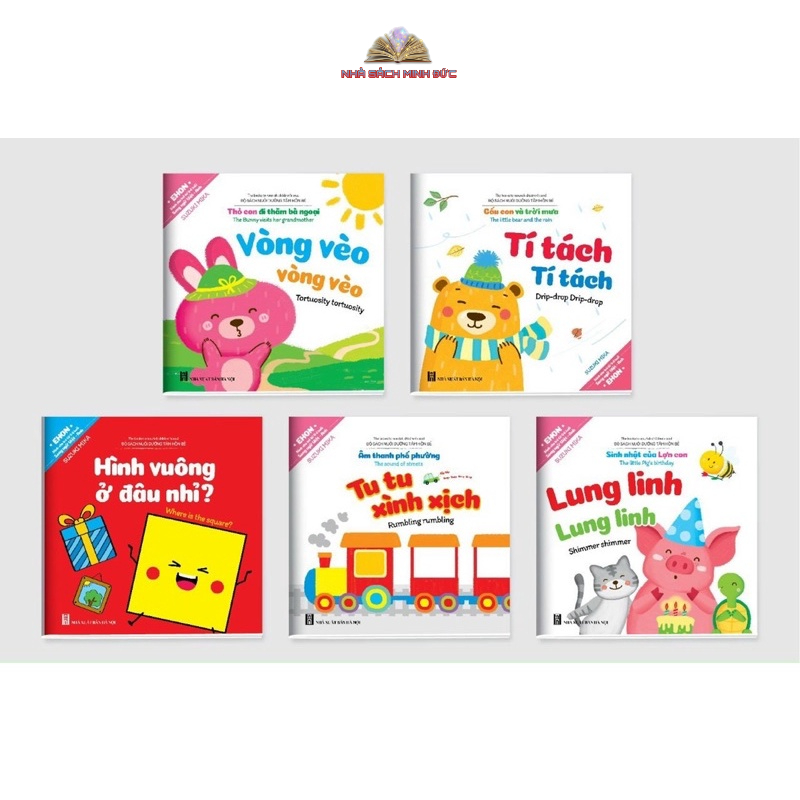 Sách - Ehon 5 cuốn  song ngữ Việt Anh tí tách, vòng vèo, lung linh, tu tu, hình khối file nghe đọc cho bé 0-6 tuổi