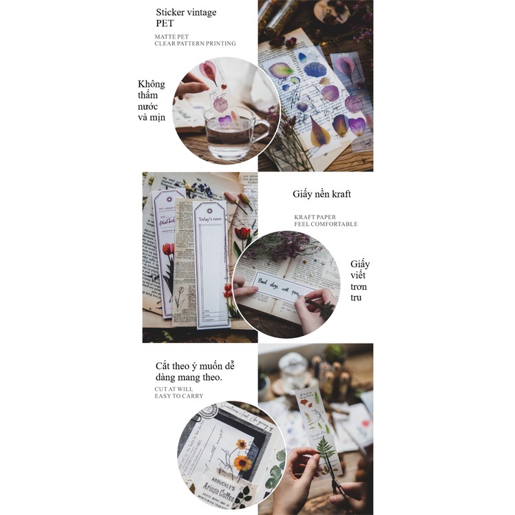 Sticker vintage và giấy nền retro dấu trang set 5 họa tiết hoa lá trang trí sổ tay điện thoại DIY Journal HD69-K76
