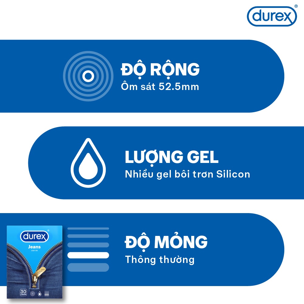 Ảnh Bao cao su Durex Jeans cơ bản, bôi trơn, size 52.5mm, hộp 30 bao 3