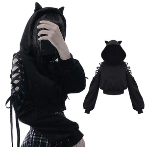 GODD Nữ Dễ Thương Cho Tai Mèo Áo Khoác Tay Dài Rỗng Ra Lạnh Vai Buộc Dây Rời Crop Bông Tai Kẹp Đồ Họa Sweatshi