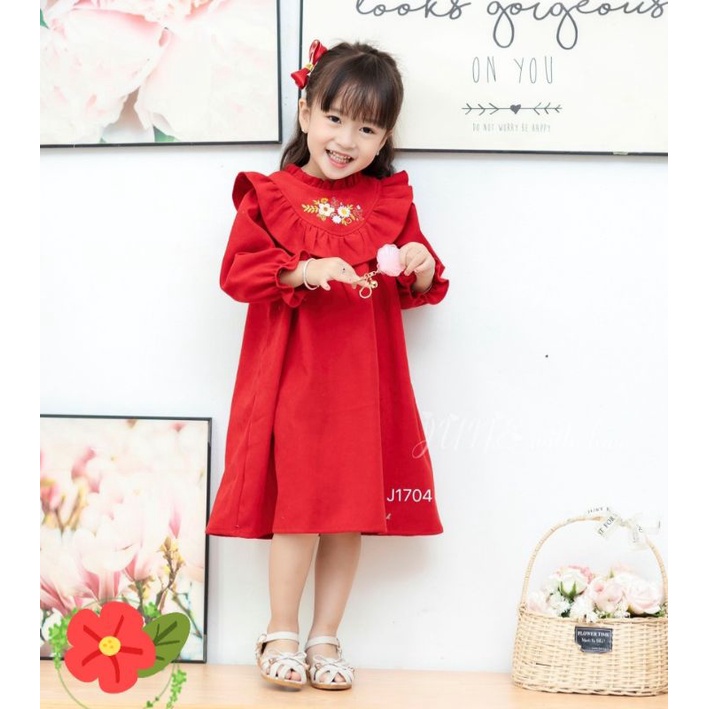 Váy Thu Đông Cao Cấp Thêu Hoa Cho Bé Gái 1-10 Tuổi Nhung Tăm Váy Bé Gái Dài Tay Màu Hồng, Màu đỏ Baby Doll Dáng A