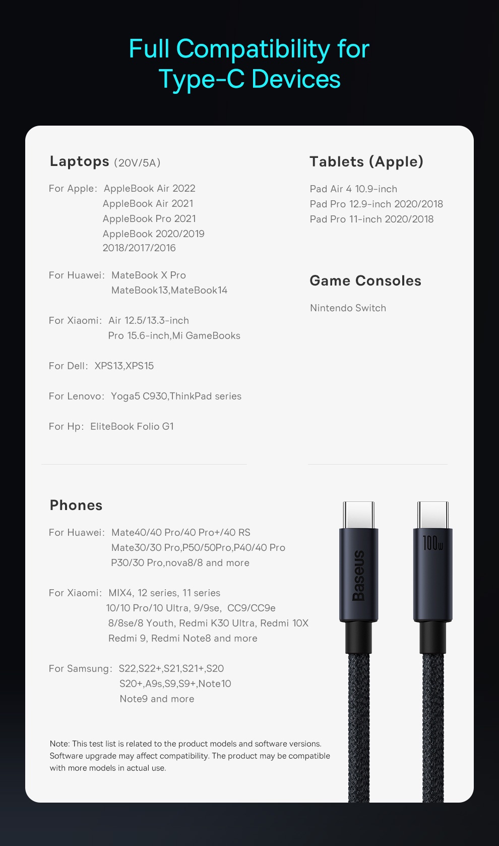 Cáp sạc nhanh BASEUS PD 100W USB-C sang Type-c thích hợp cho Phone 15 Xiaomi Samsung MacBook iPad – ảnh mô tả chi tiết 9