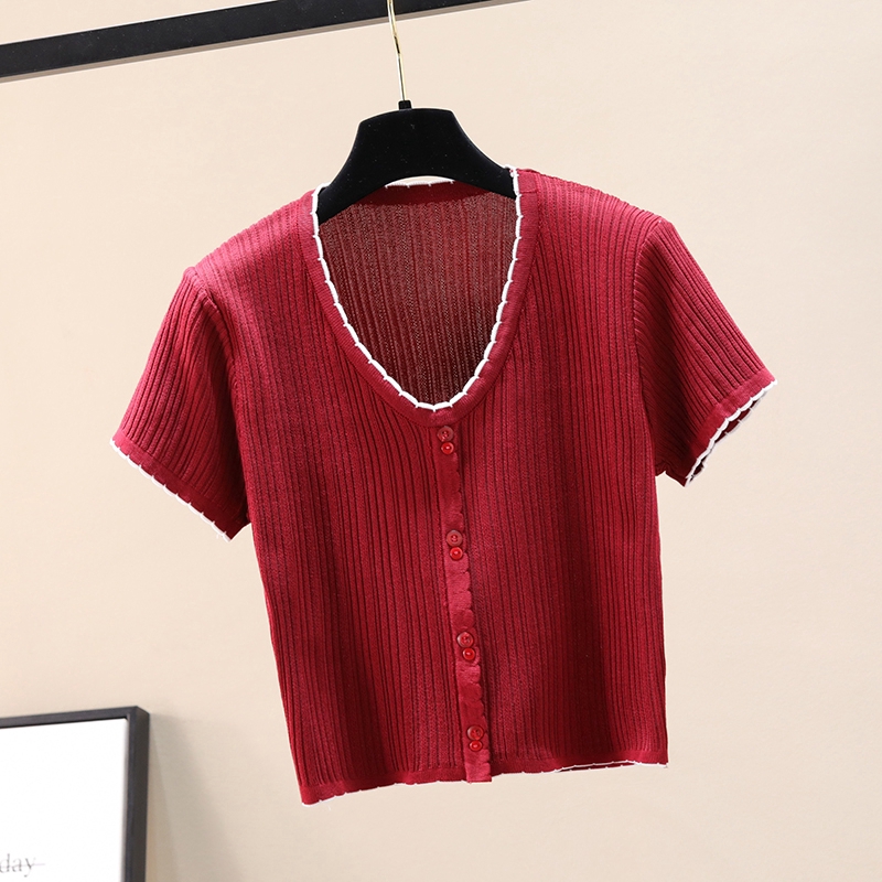 SUXI Áo Crop top thời trang cổ chữ V Áo sơ mi nữ dệt kim