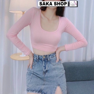 Áo croptop nữ tay dài croptop cổ chữ u tôn dáng trơn màu